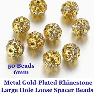 Metal Gold-Plated Rhinestone Large Hole Loose Spacer Bead  6mm  50 Beads